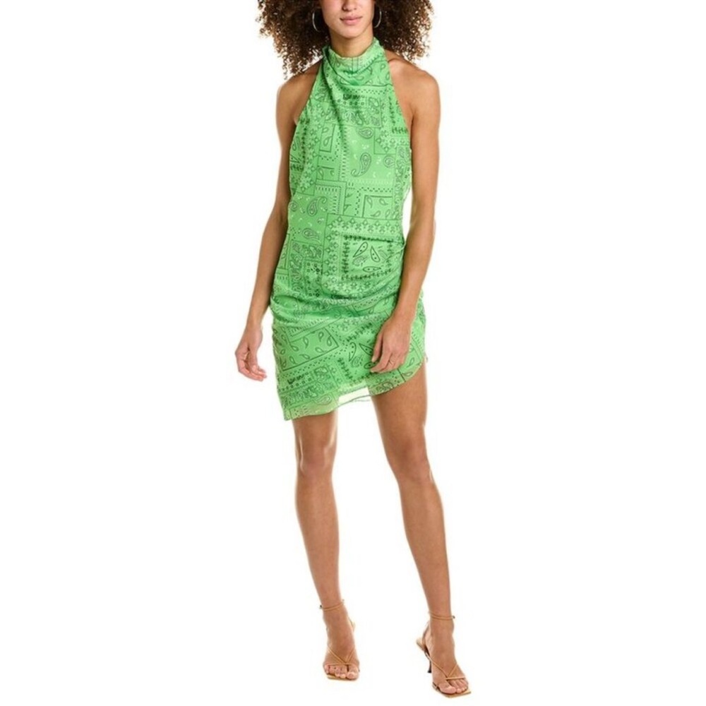 Amanda Uprichard Samba Green Handkerchief Bandana Print Halter Mini Dress Size M